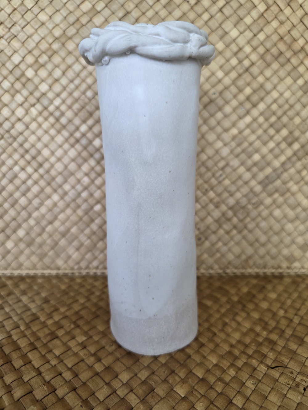 Handcrafted White Ceramic Vase with Braided Rim